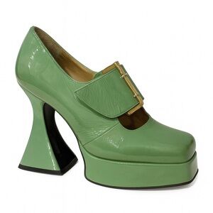 John Fluevog Green Platform Shoes with Chunky Heel